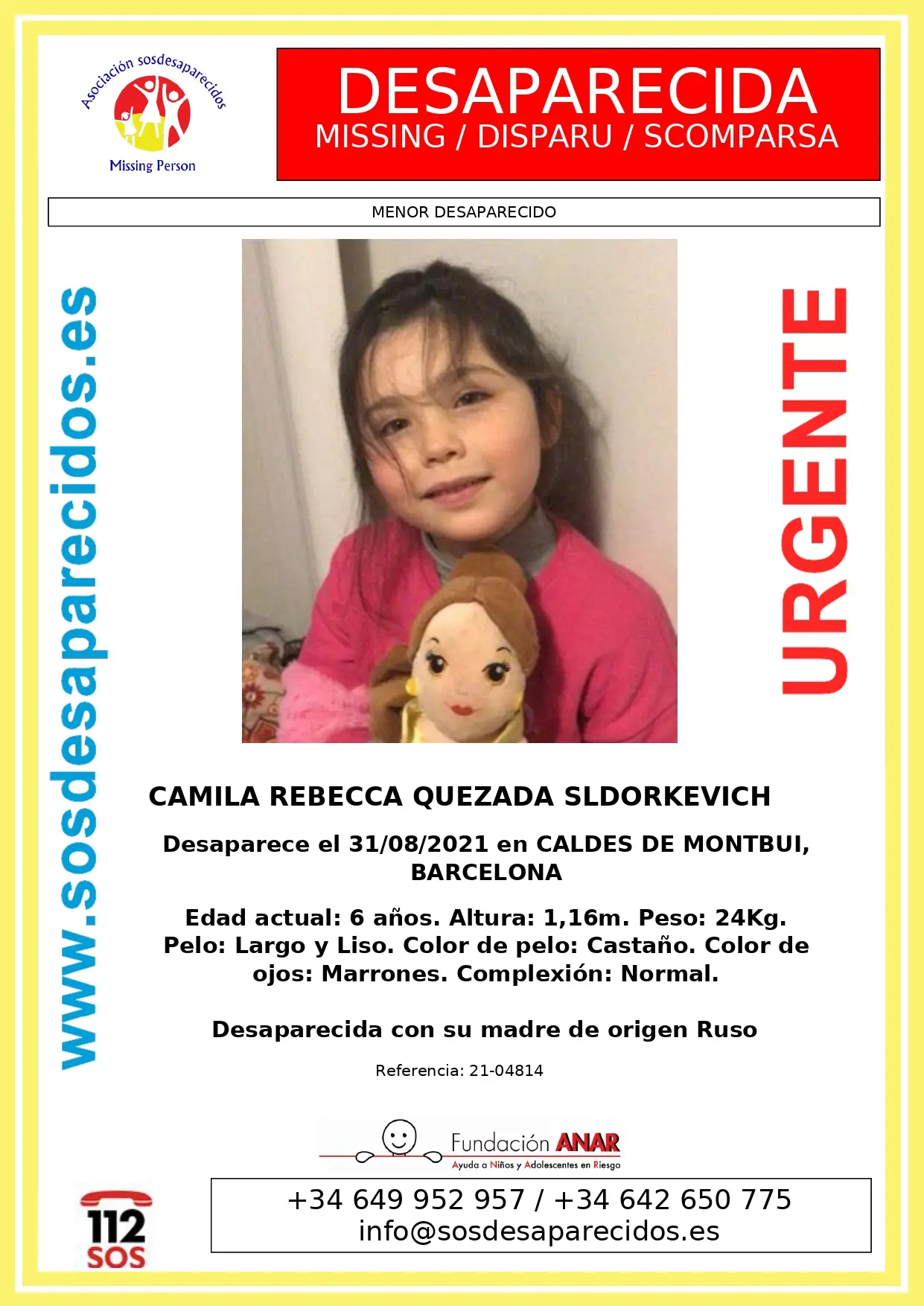 cartel de busqueda Camila Rebecca Quesada Sidorkevich con su padre Julio Quesada y su madre Daria Sidorkevich en